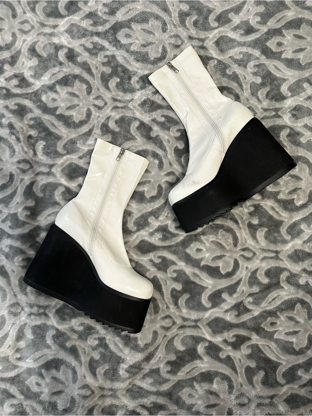 Dolls Kill White Square Toe Mid-Calf Zip Ankle Boots